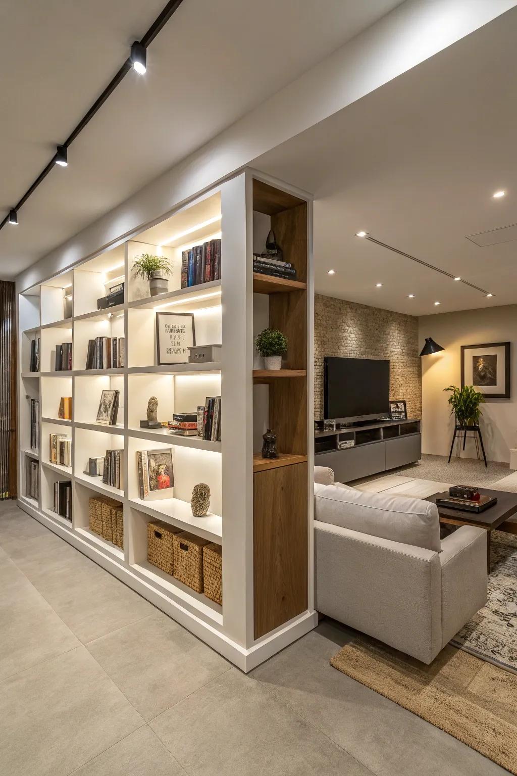 Open storage units are a useful and stylish approach to dividing space.