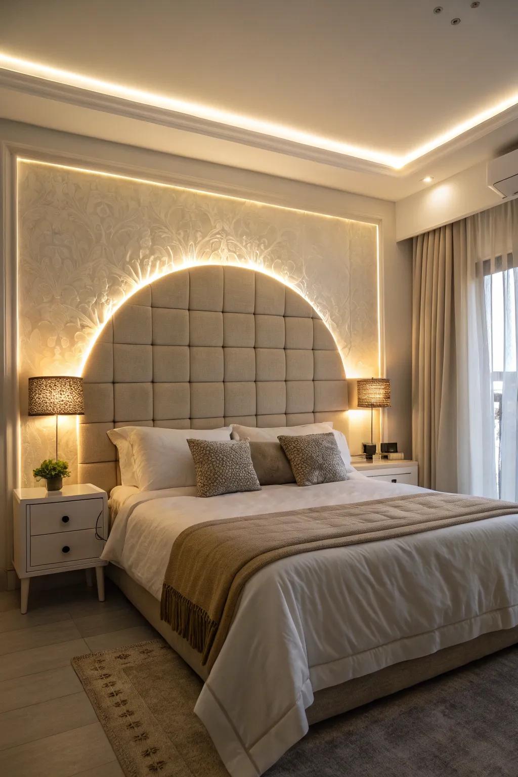 Highlight your bed as the room's focal point with a backlit headboard, a testament to the enduring allure of thoughtful design.