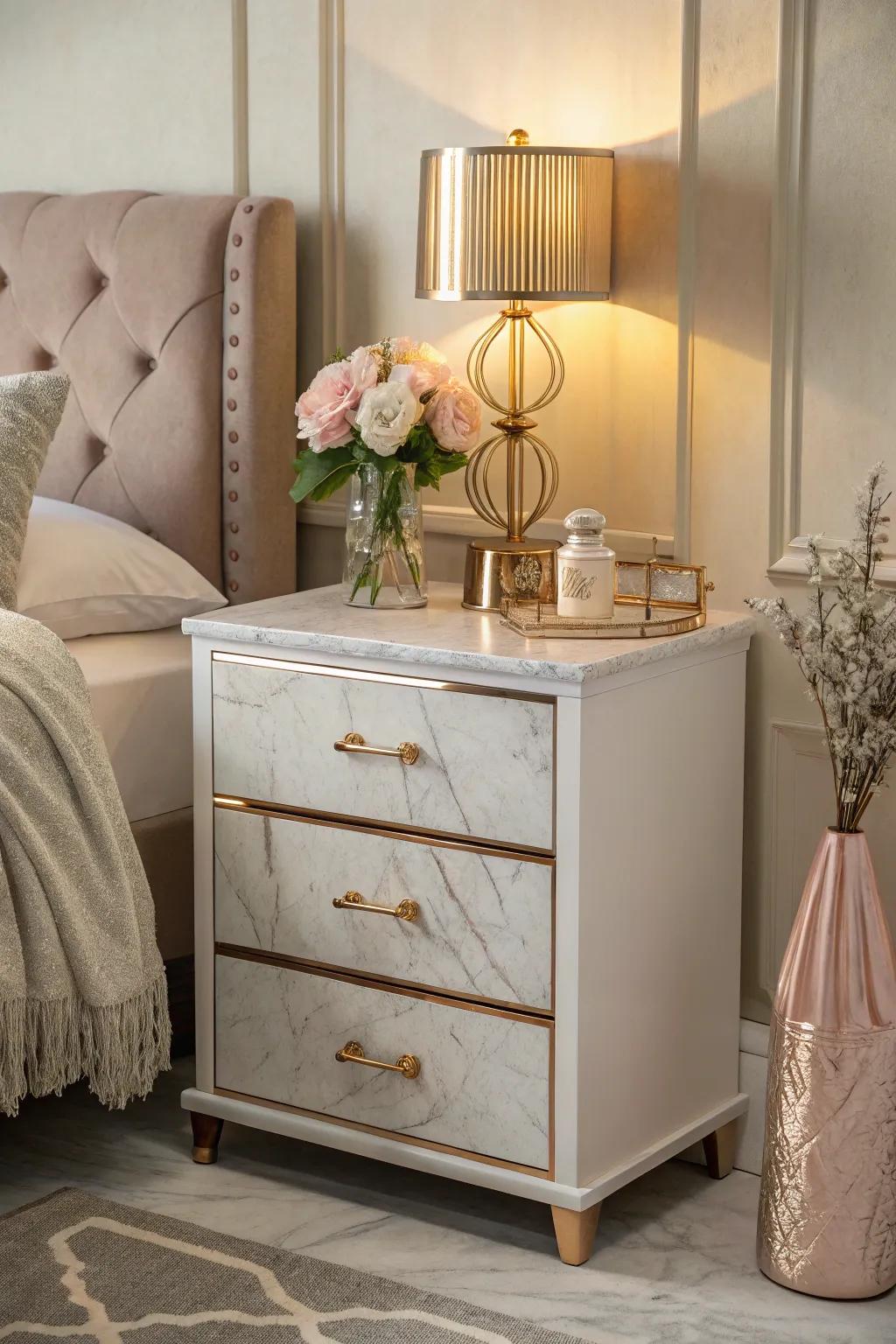 The intertwined splendor of rose gold and marble crafts an ambiance of undeniable glamour.