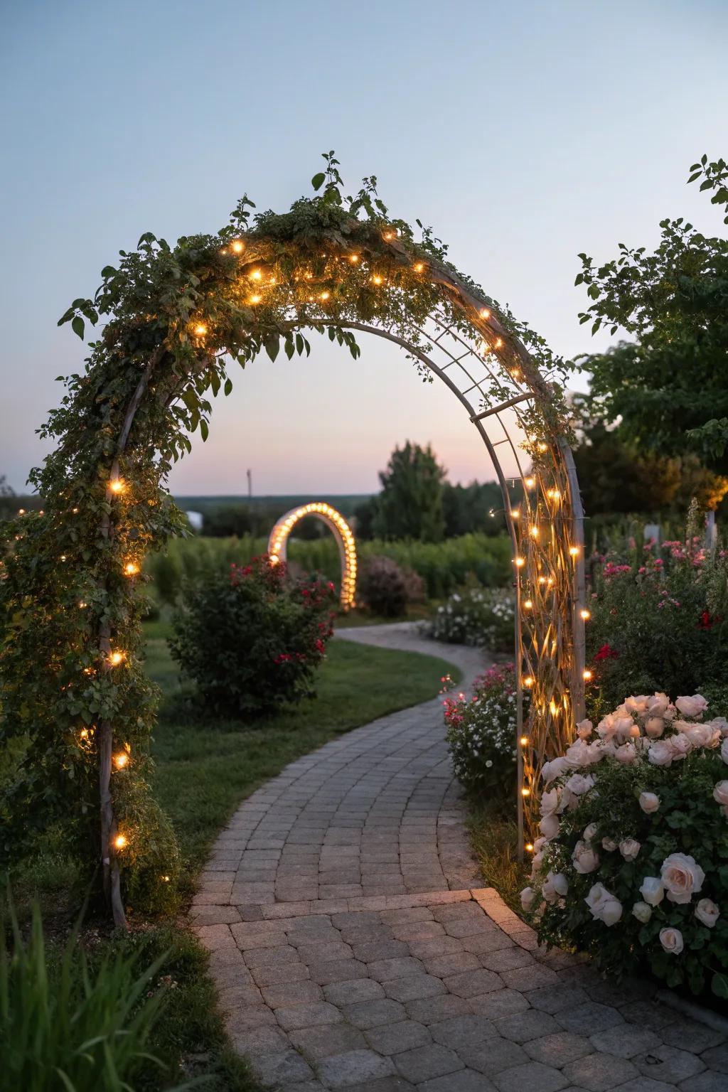 Fairy lights introduce a captivating glow to this rounded entrance, ideally matched for nighttime events.