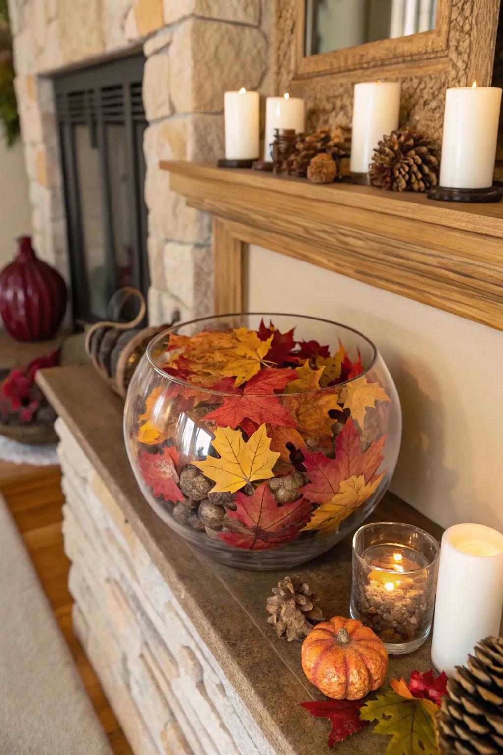 Periodic components like autumnal foliage impart a celebratory charm to glass vessels.