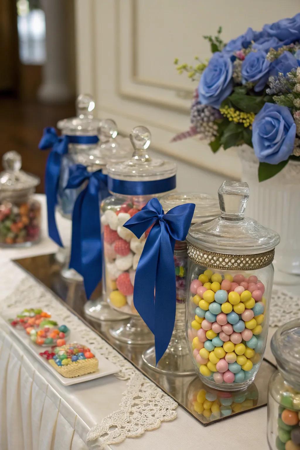 Sweets vessels stylishly embellished with azure silken bands.