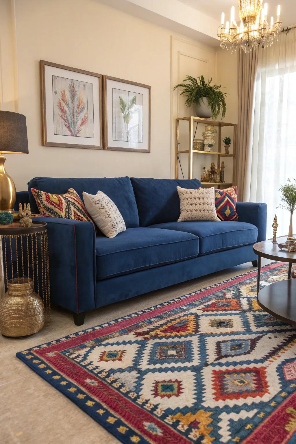 A patterned floor covering enhances the sapphire settee, imparting warmth and texture to the area.