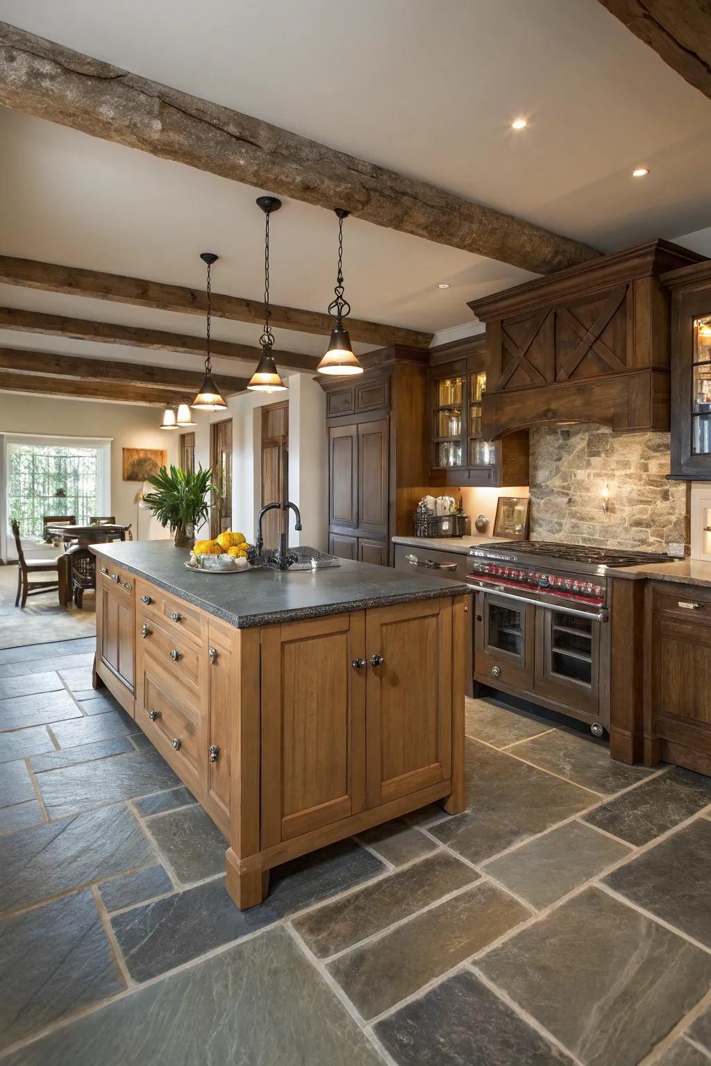 Slate rock flooring unifies polished design with country allure.