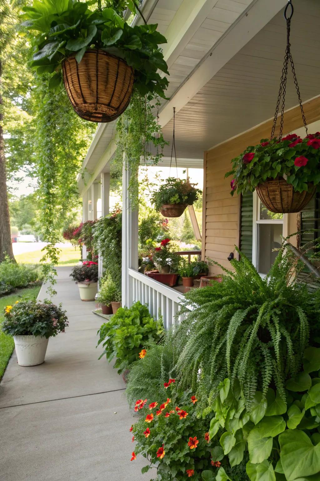 Potted plants and suspended baskets add vibrancy and color to a rustic veranda.