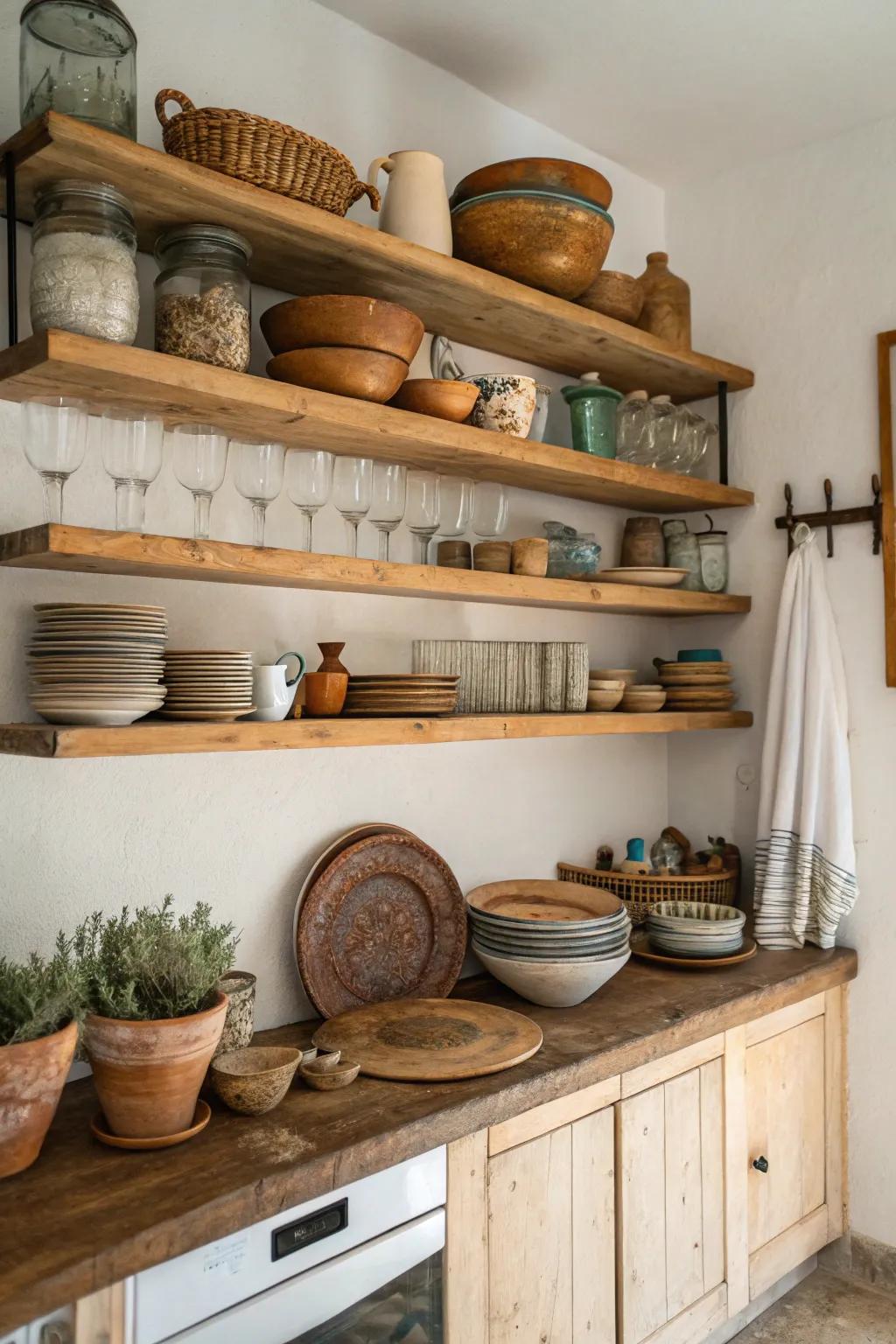 Open storage presents both flair and utility in a countryside kitchen.