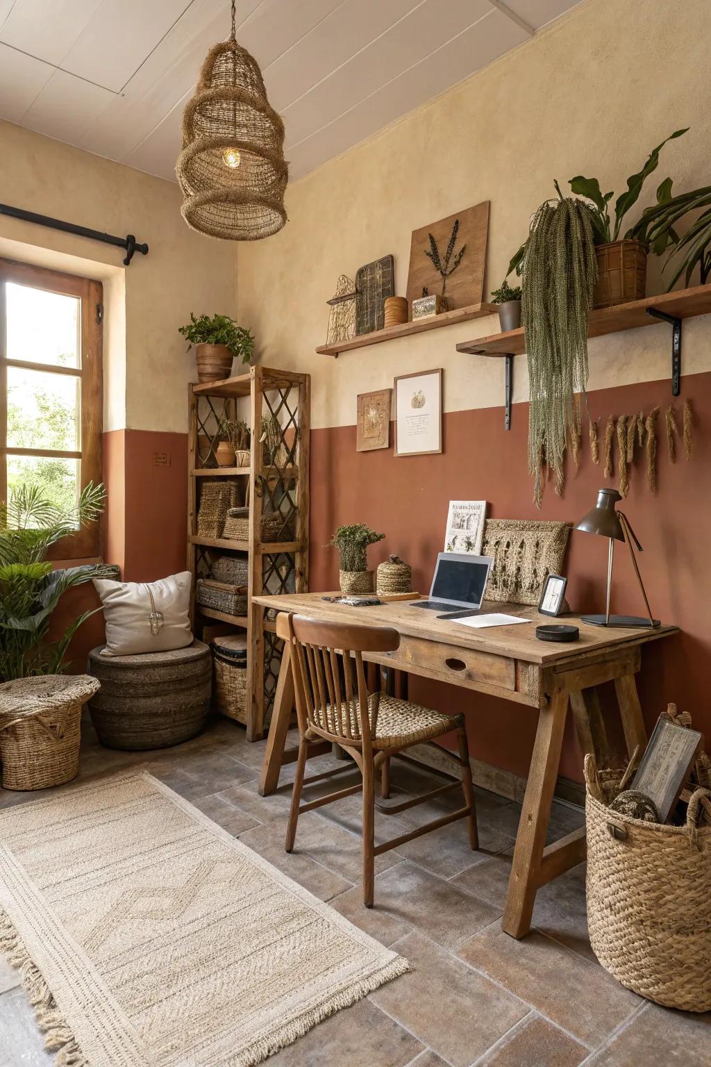 Natural colors establish a tranquil atmosphere in a country-style office.