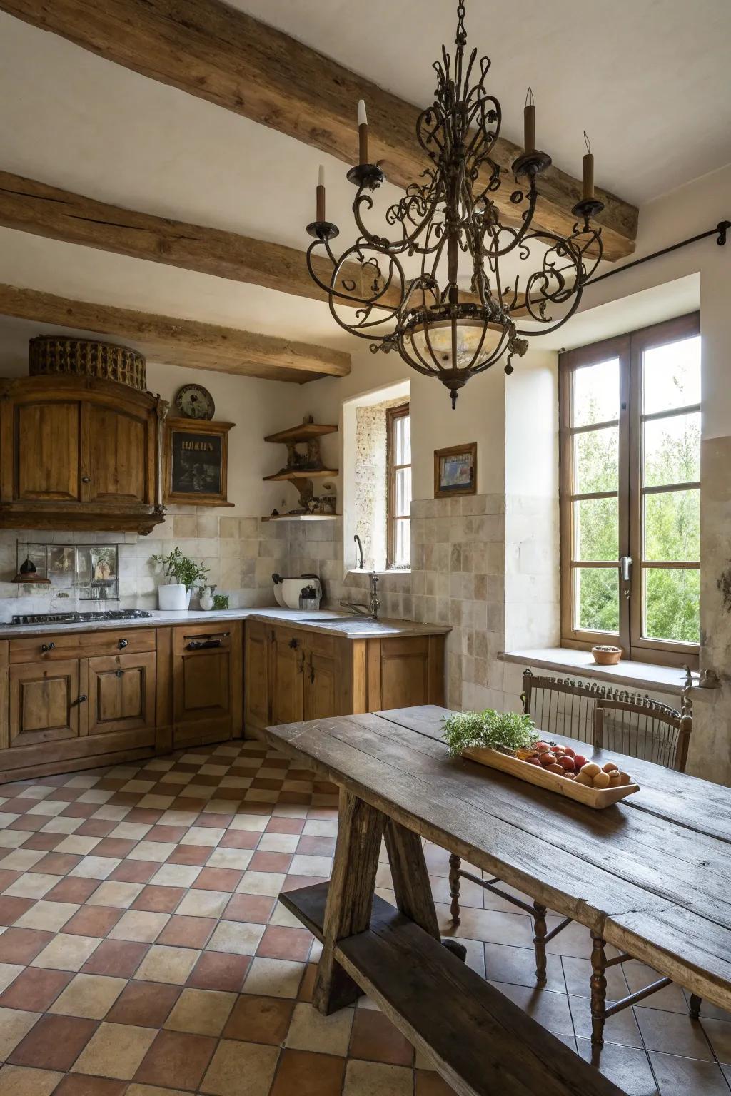 A crafted iron lighting fixture enhances period grace to the kitchen.