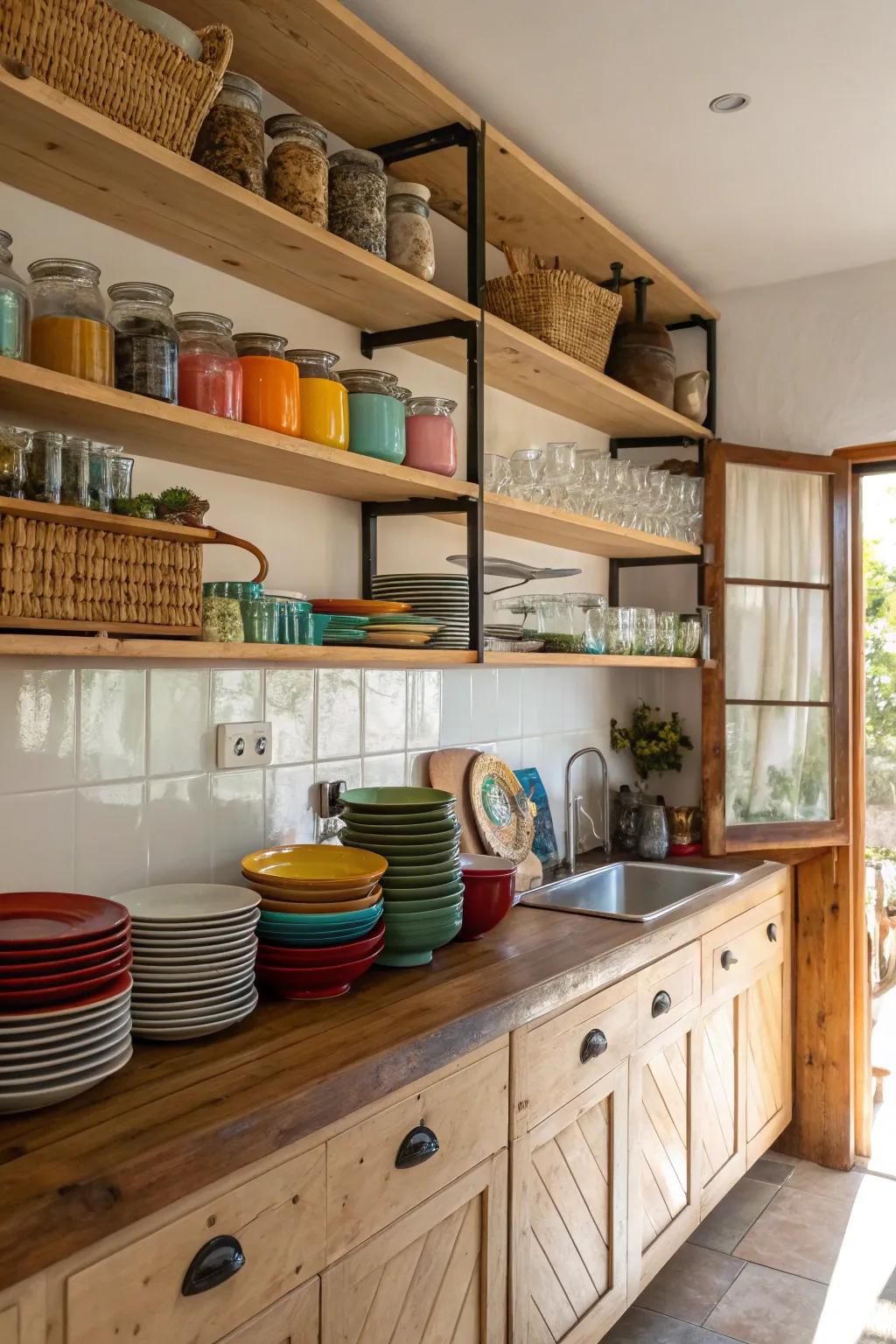 Open shelving contributes character and functionality to a compact kitchen.