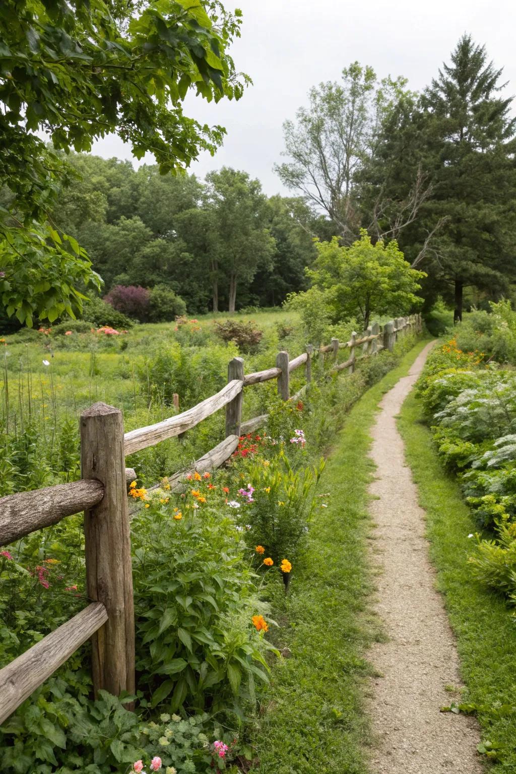 A garden pathway bordered by a provincial split rail fence.