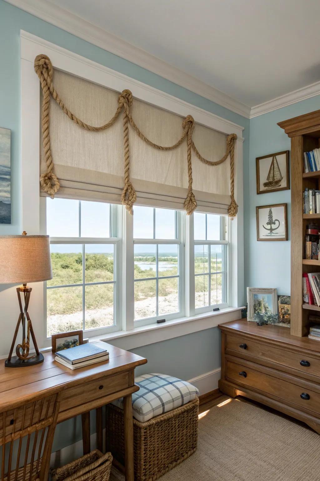 A coastal-inspired study with a countryside valance presenting cordage features, imparting a maritime allure.