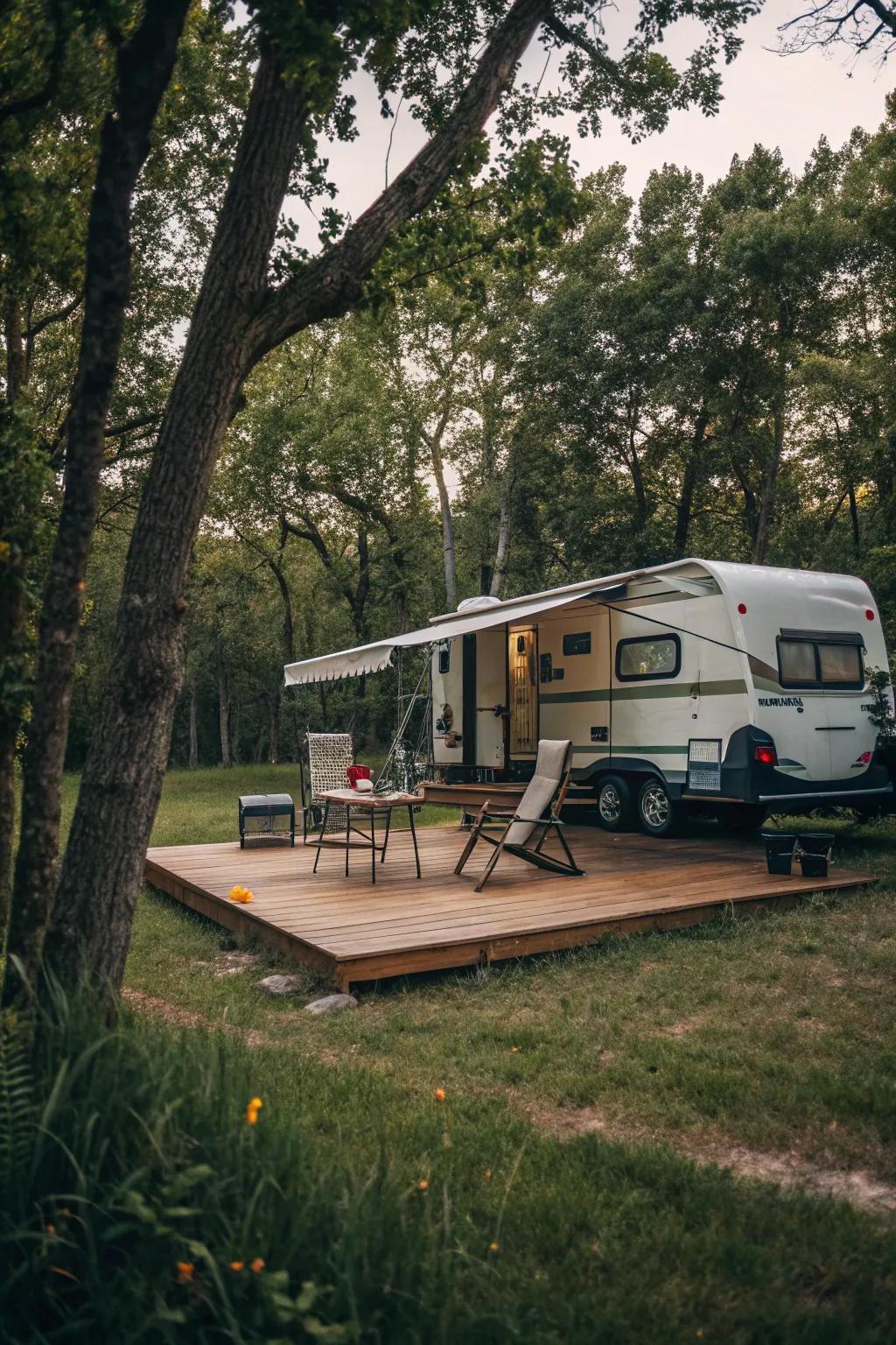 A patio deck introduces stability and sophistication to your campsite.