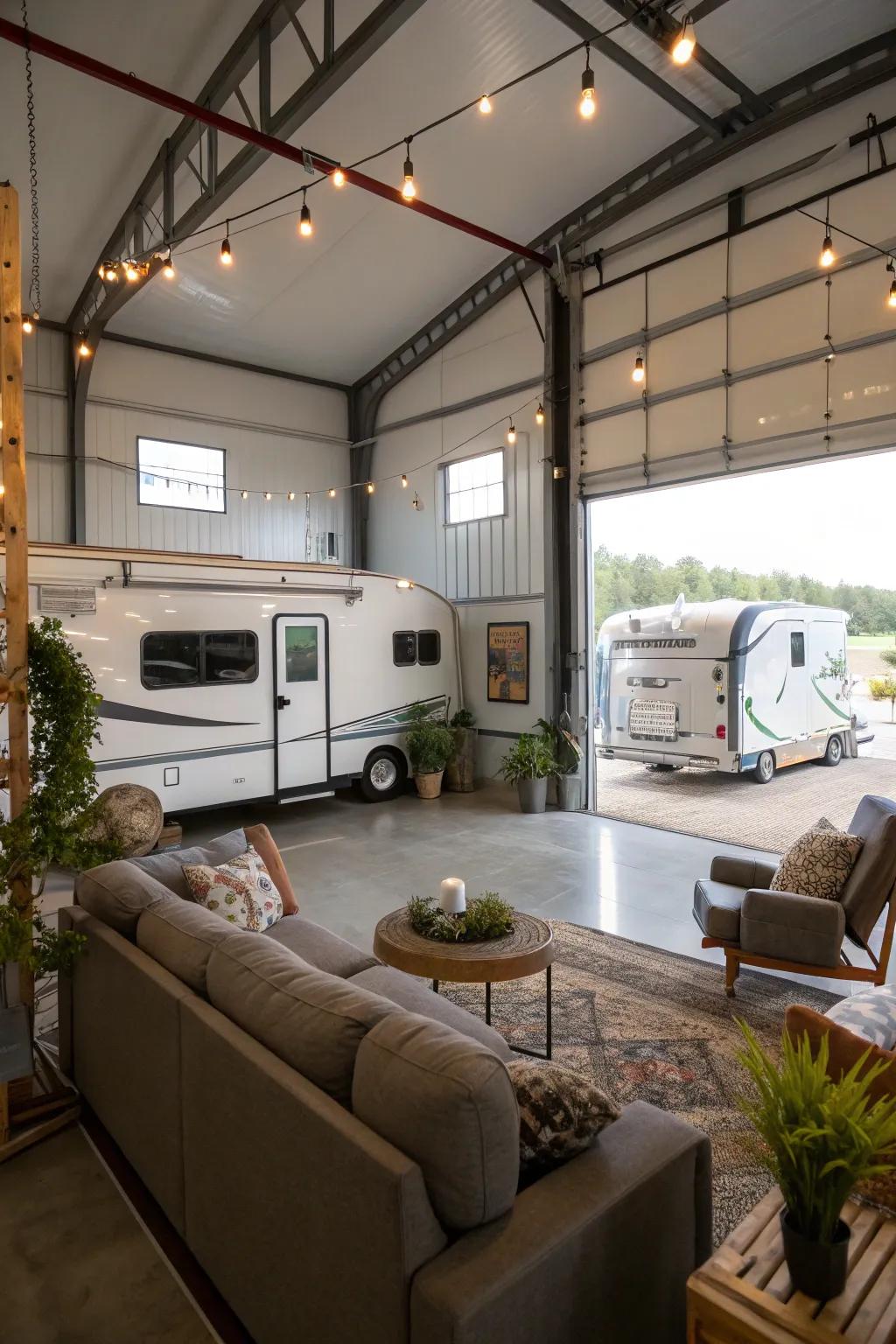 A loft within an RV garage offers a secluded retreat above storage areas.