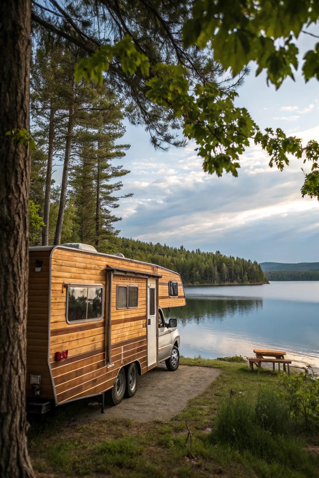 Timber siding infuses a welcoming, rustic ambiance into your RV.