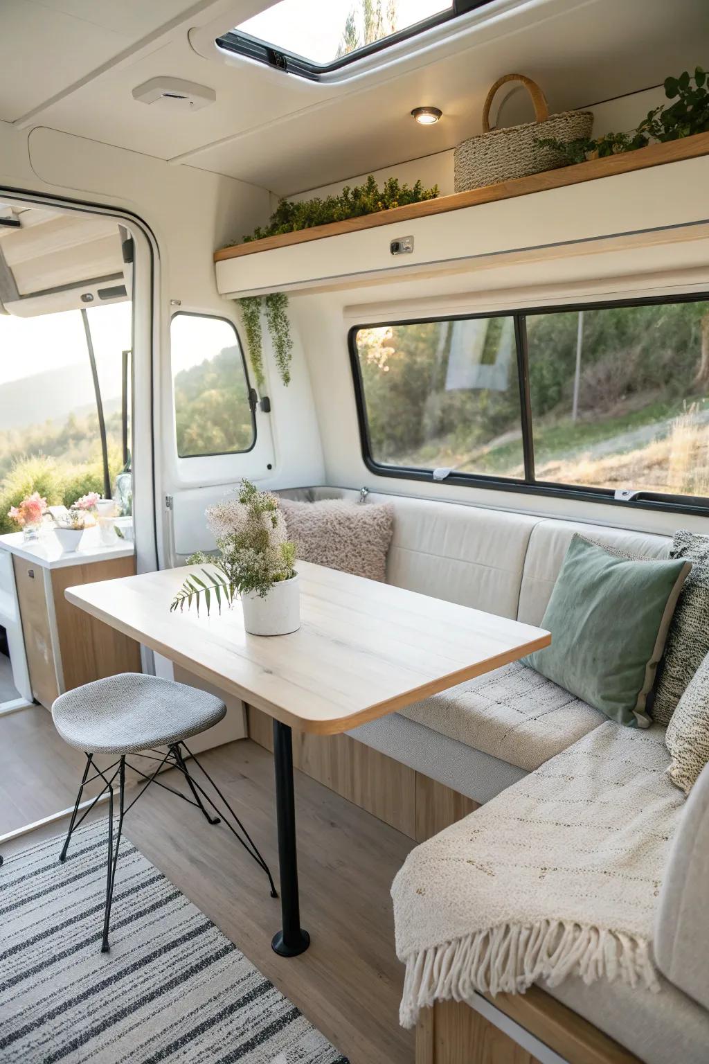 A modern table design maintains a sleek and stylish RV interior.