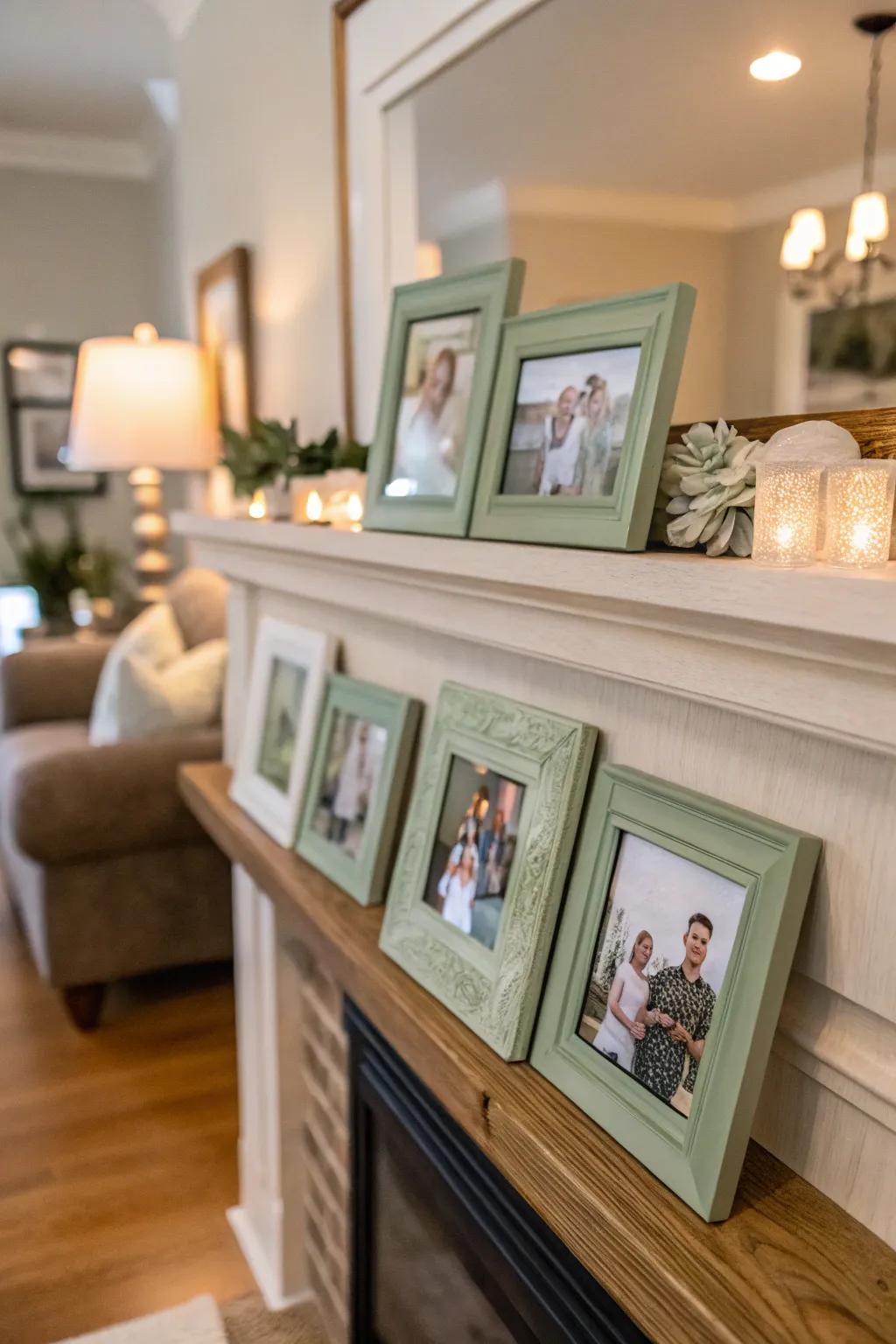 Sage green frames spotlight cherished moments with a touch of grace.