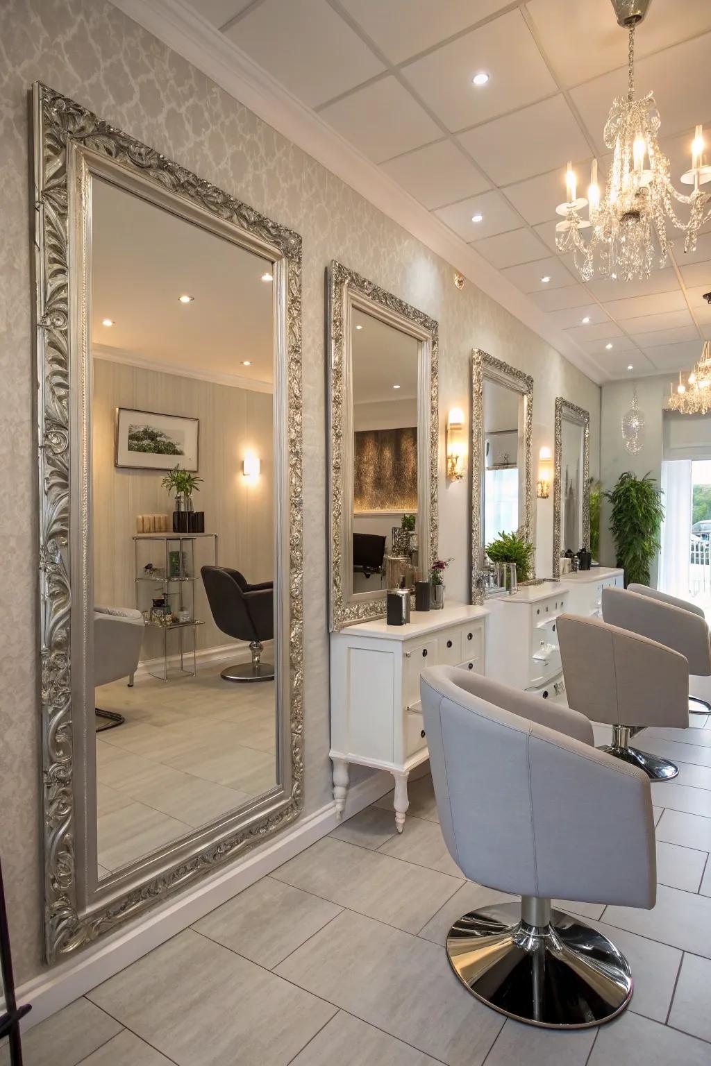 Floor-to-ceiling mirrors that enhance the salon’s atmosphere.