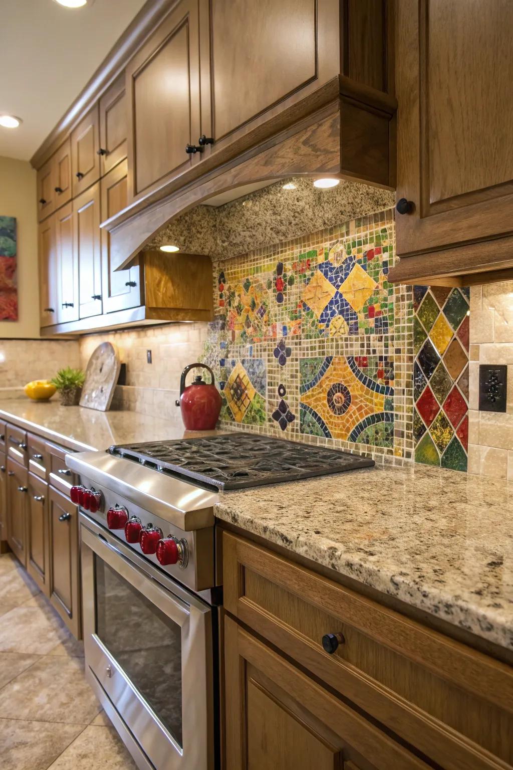 Mosaic tiles enhance the creative dimension of Santa Cecilia granite’s sophistication.