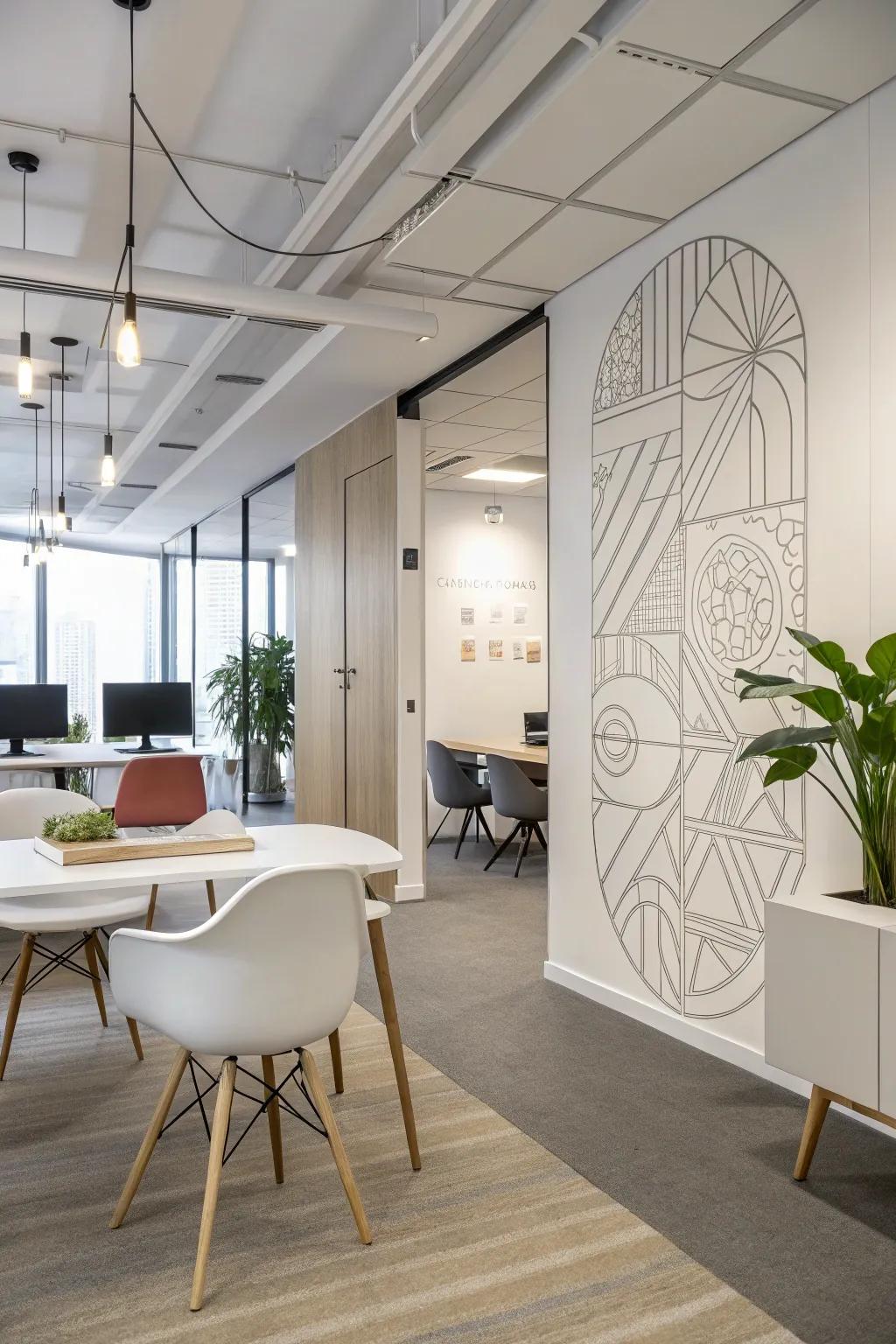 A workspace adorned with abstract line artwork and a minimalist arrangement