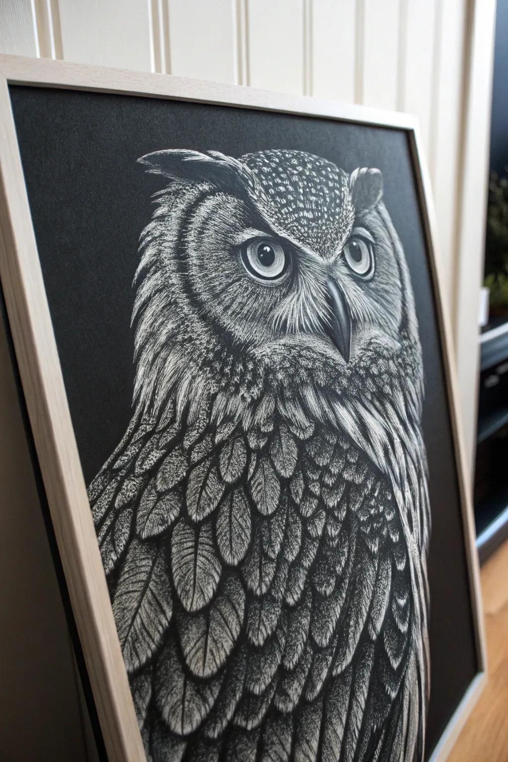 Delve into the mystic appeal of owls through elaborately detailed scratchboard art, where artistic skill harmonizes with natural beauty.