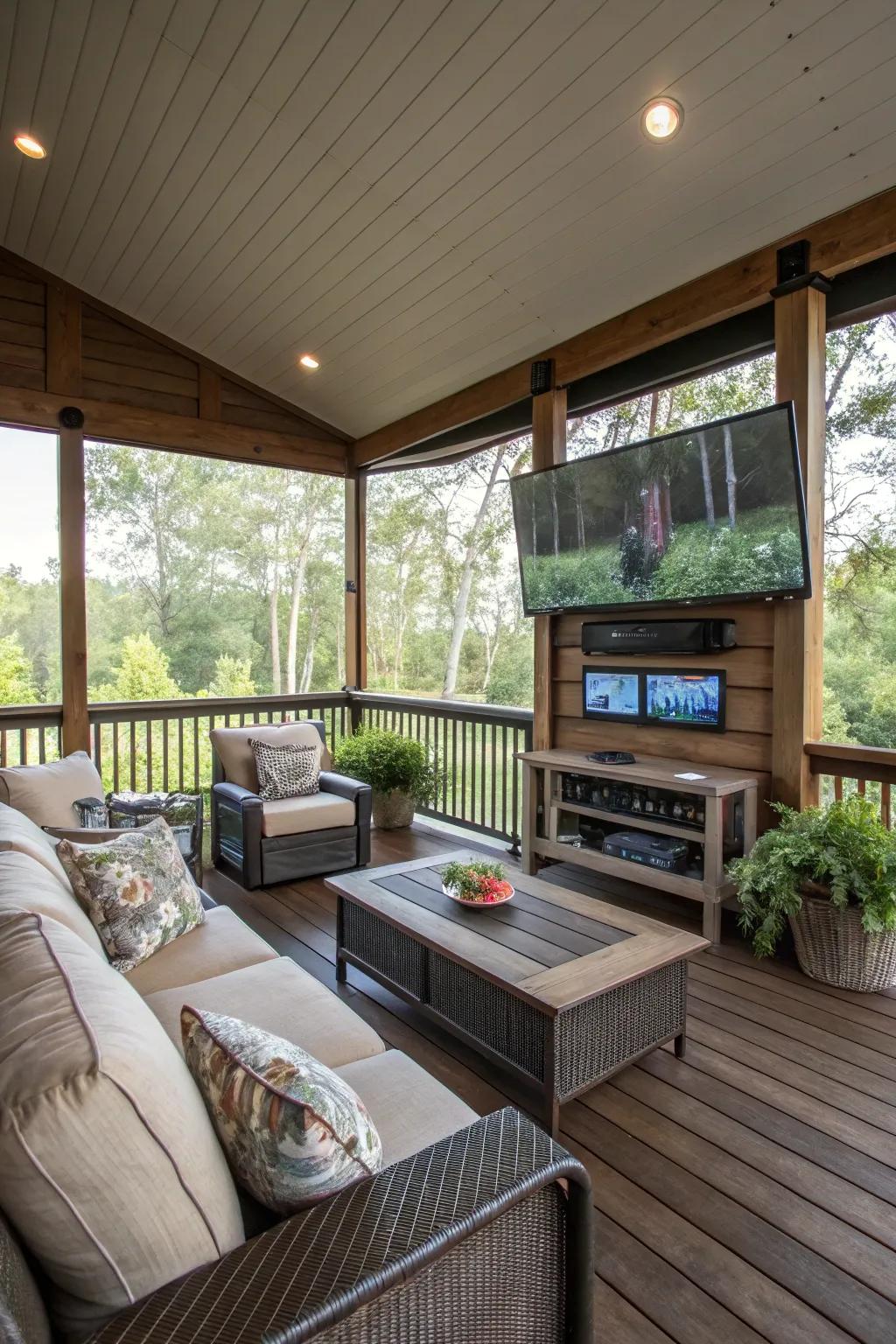 Design an entertainment central on your screened-in veranda.