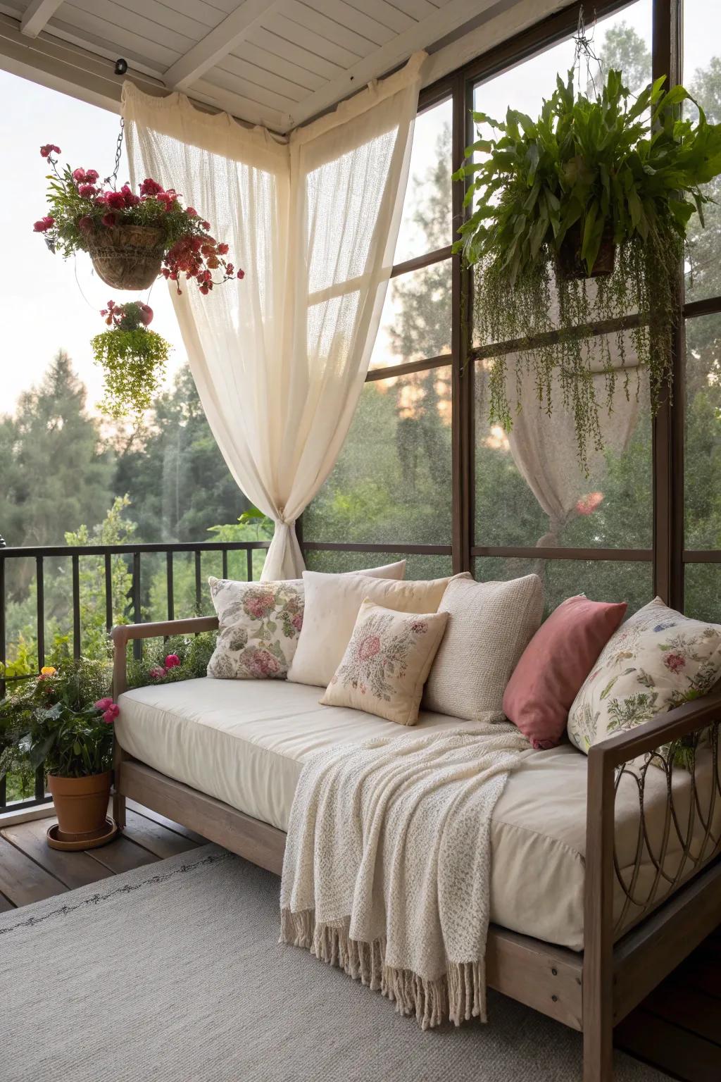 A calming daybed in a serene veranda setting.