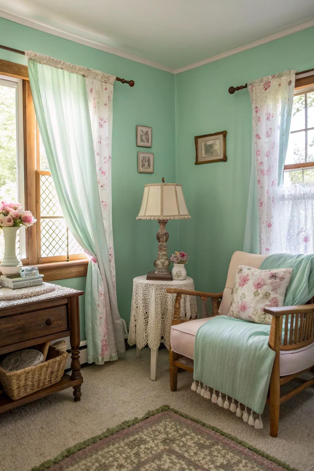 A vintage-inspired space showcasing charming seafoam green painted walls.