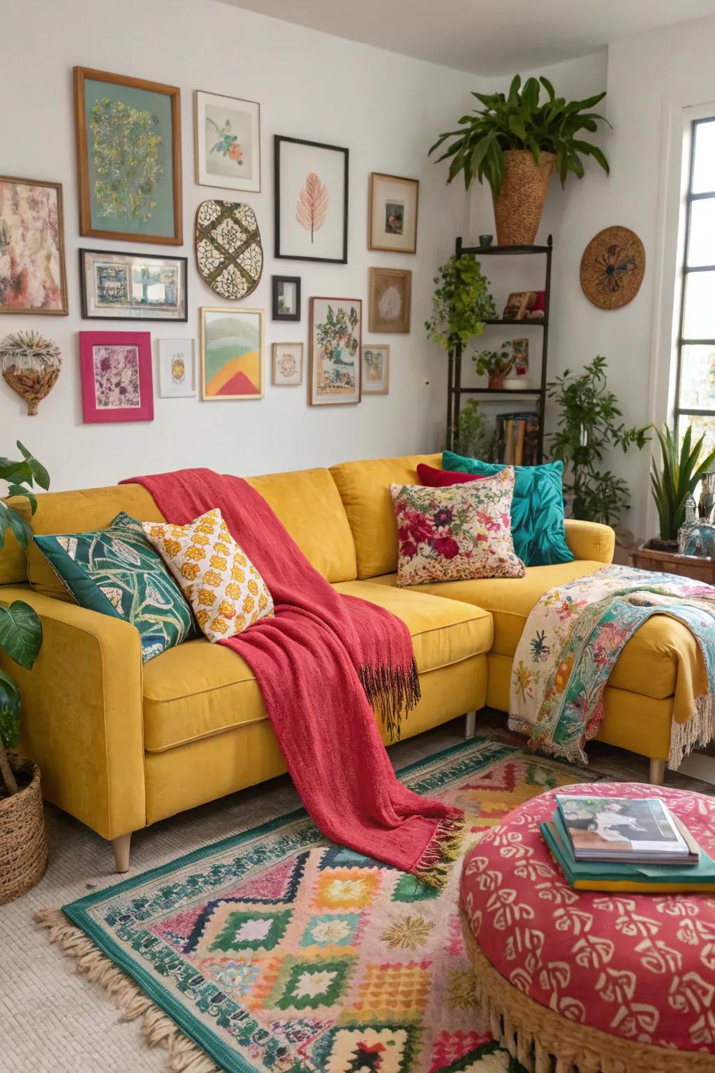 Vibrantly colored sectionals could serve as the centerpiece for an active living area.