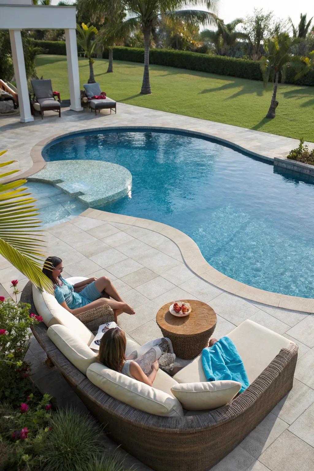 A partially submerged pool with a relaxing seating area designed for unwinding.