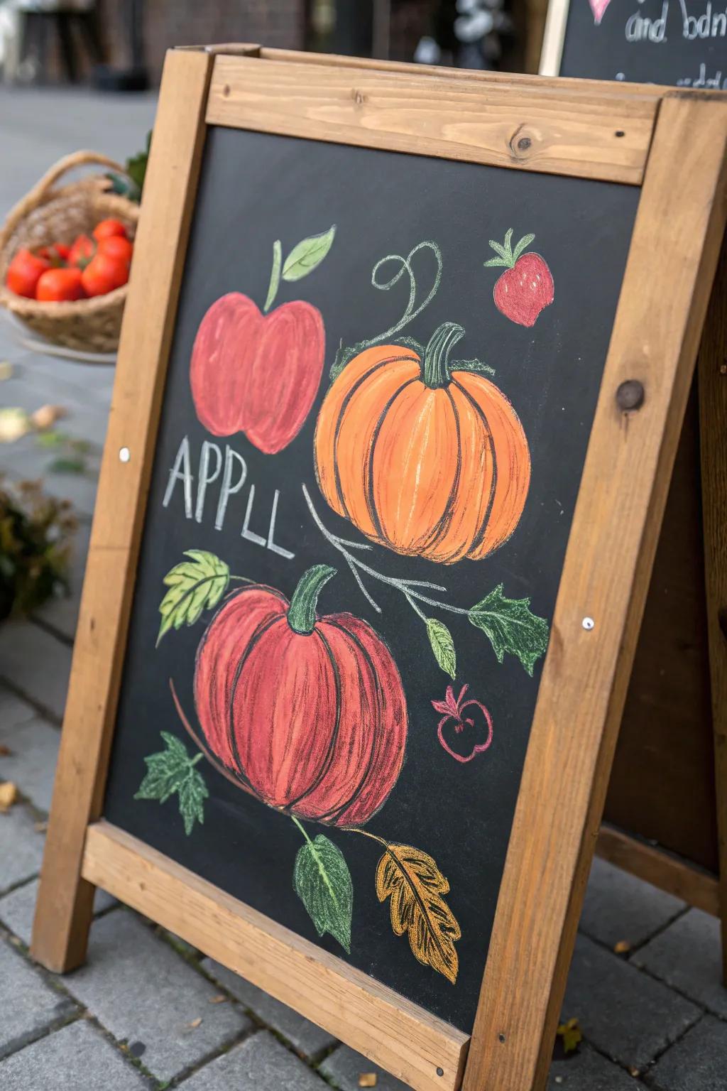 A festive chalkboard decorated with pumpkins and apples in inviting fall tones.