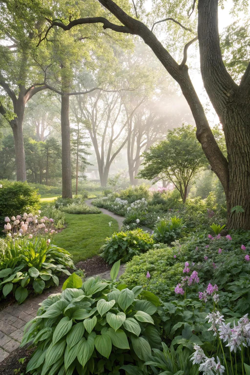 A shade garden integrating into a natural wooded setting.