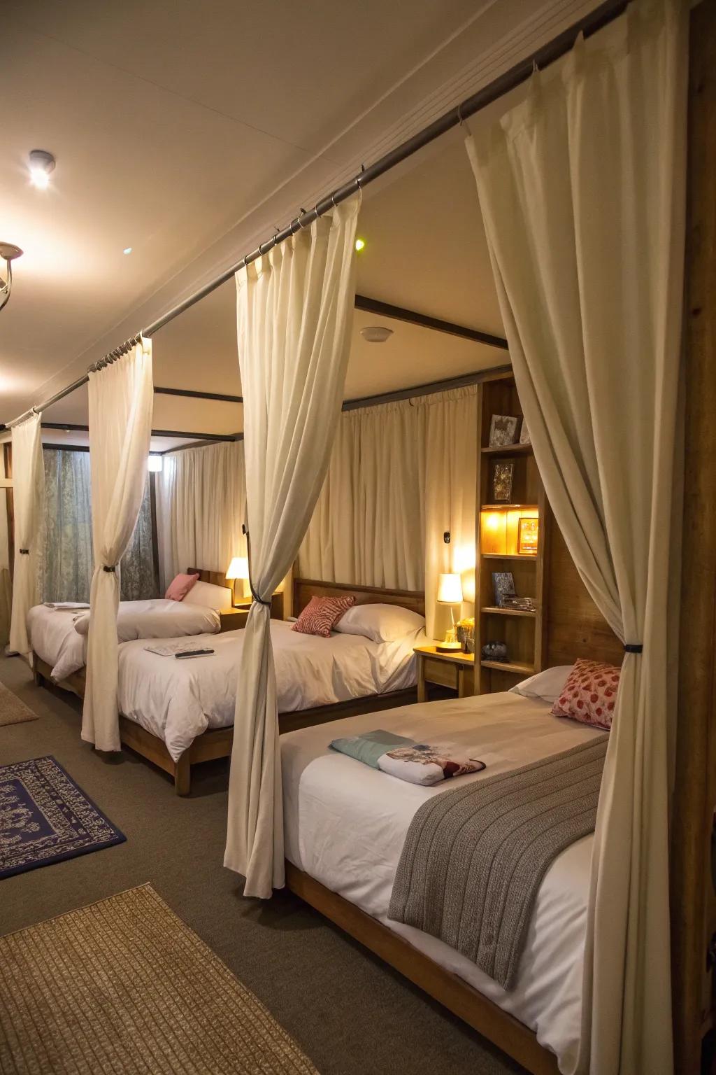 Drapes afford privacy within this shared sleeping quarter.