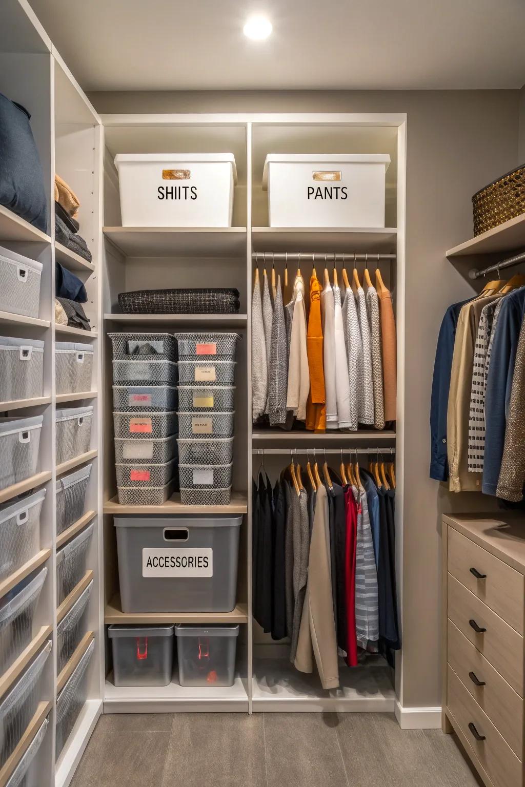 A closet presenting labeled areas and containers for organized storage.
