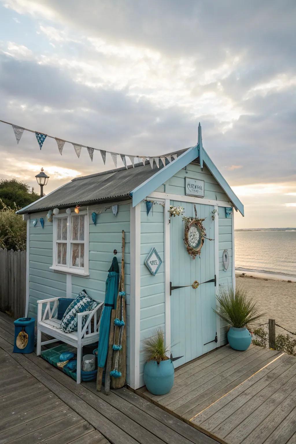 Build a coastal getaway with breezy decor and light colors to capture beachside vibes in your she shed.