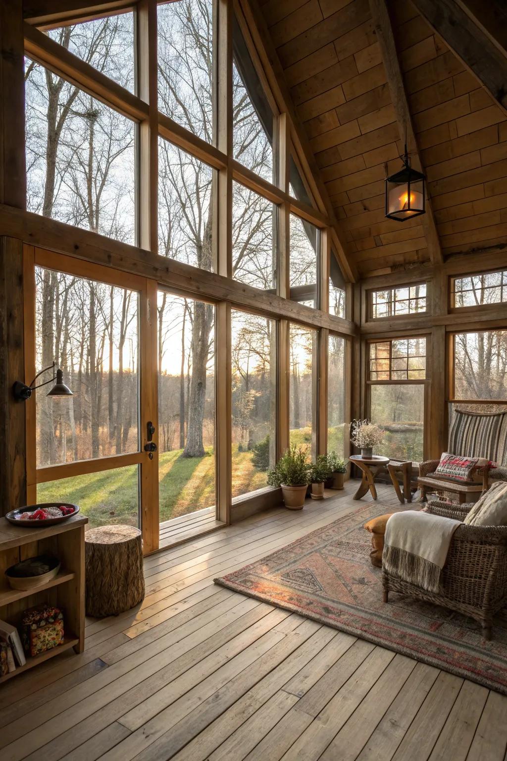 An ethereal converted shed interior with expansive panes permitting abundant sunlight.