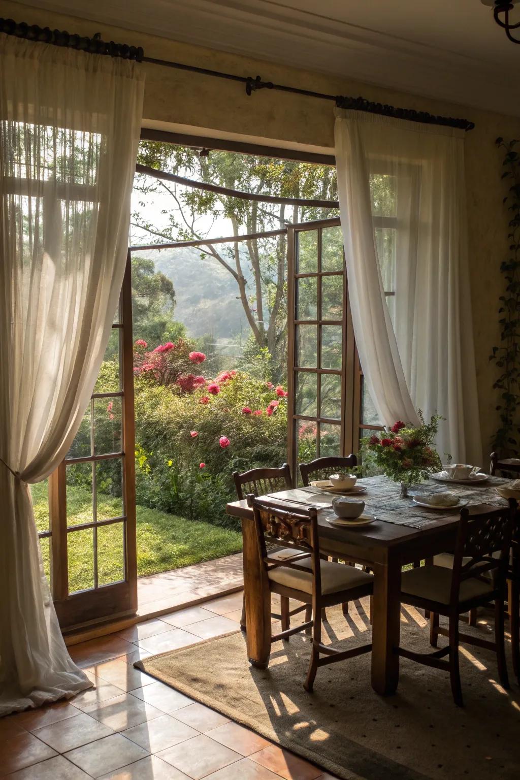 Light-filtering curtains gracefully outline exterior scenery, ushering the allure of nature indoors.