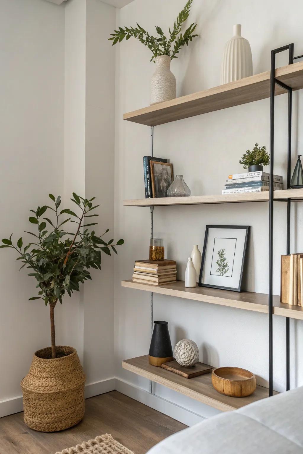 Minimalist décor cultivates a serene and uncluttered shelf.