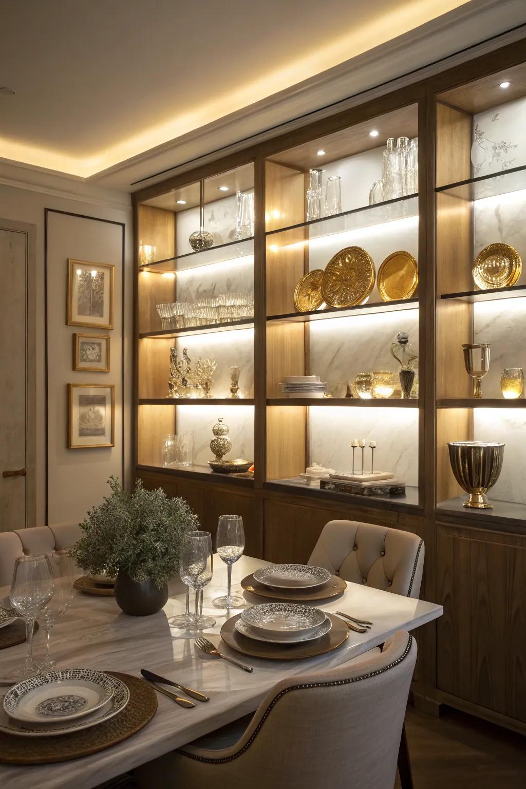 Integrated illumination enhances the presentation on dining room shelving.