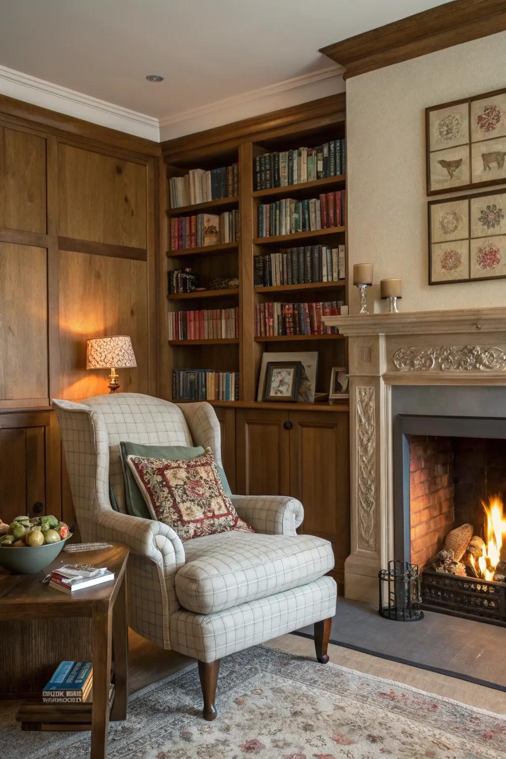 A cozy reading nook by the fireplace encourages relaxation.