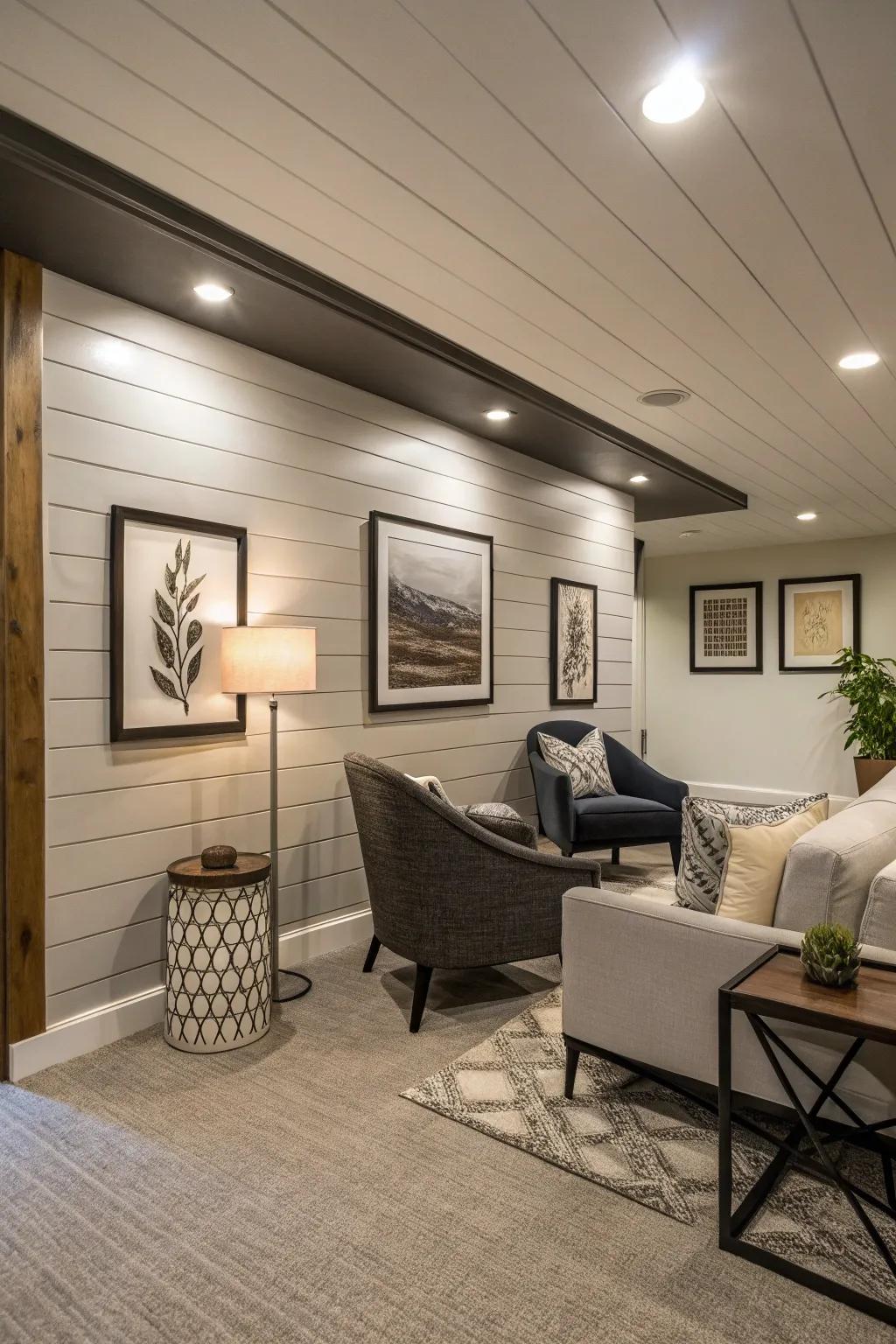 A beautiful shiplap accent wall that adds depth.