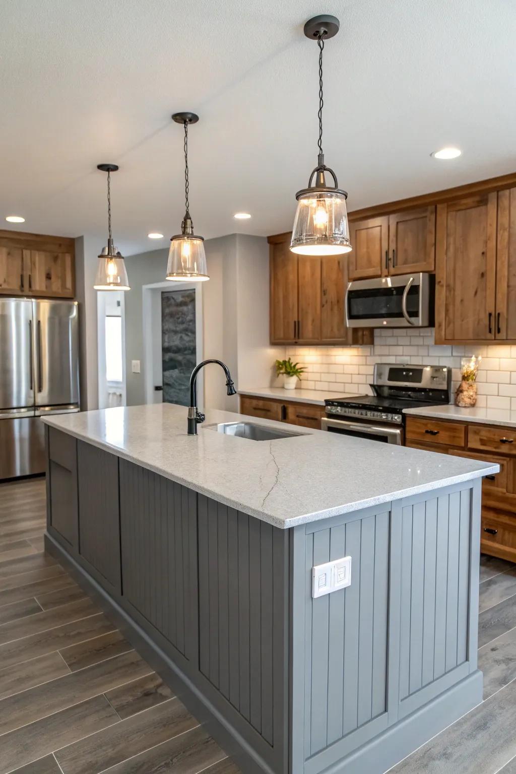 Refined gray shiplap paired with polished quartz surfaces.