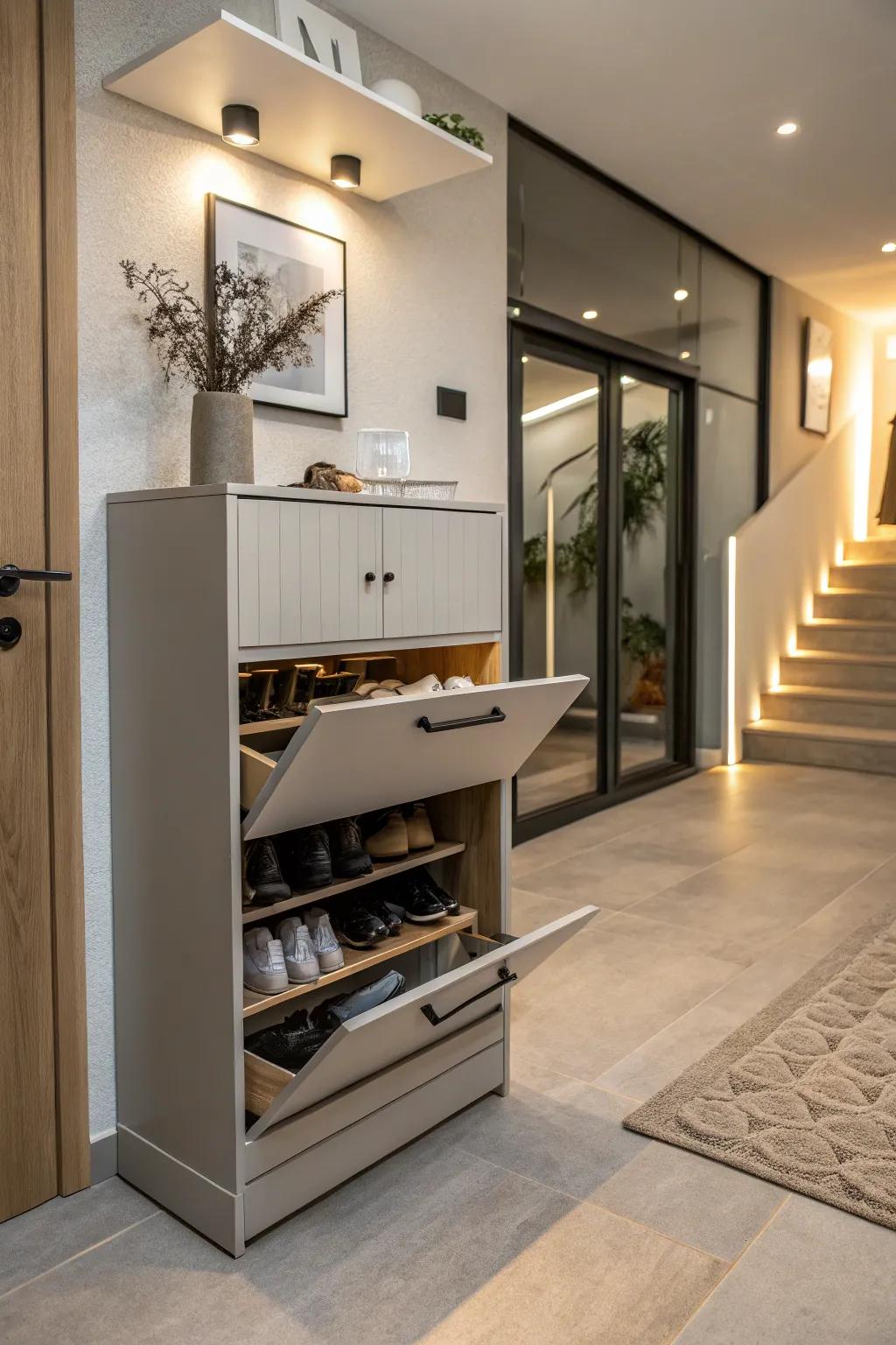 Footwear cabinet featuring drawers, delivering concealed storage options.