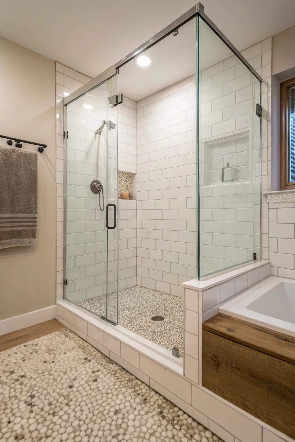 Glass enclosures coupled with thoughtfully designed curbs foster a spacious and contemporary atmosphere.