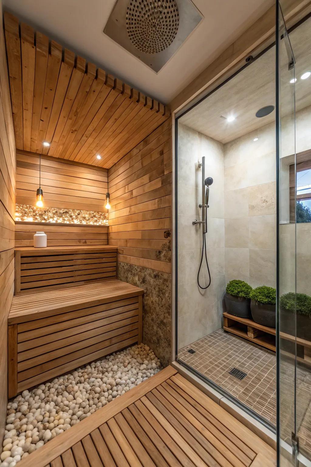Infuse warmth into your shower with wood or wood-like materials.