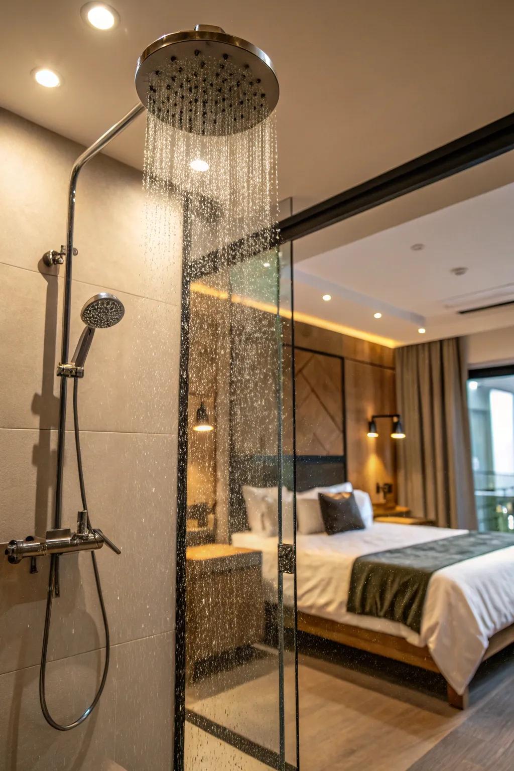 Cutting-edge hardware elevates the luxury of a bedroom shower.