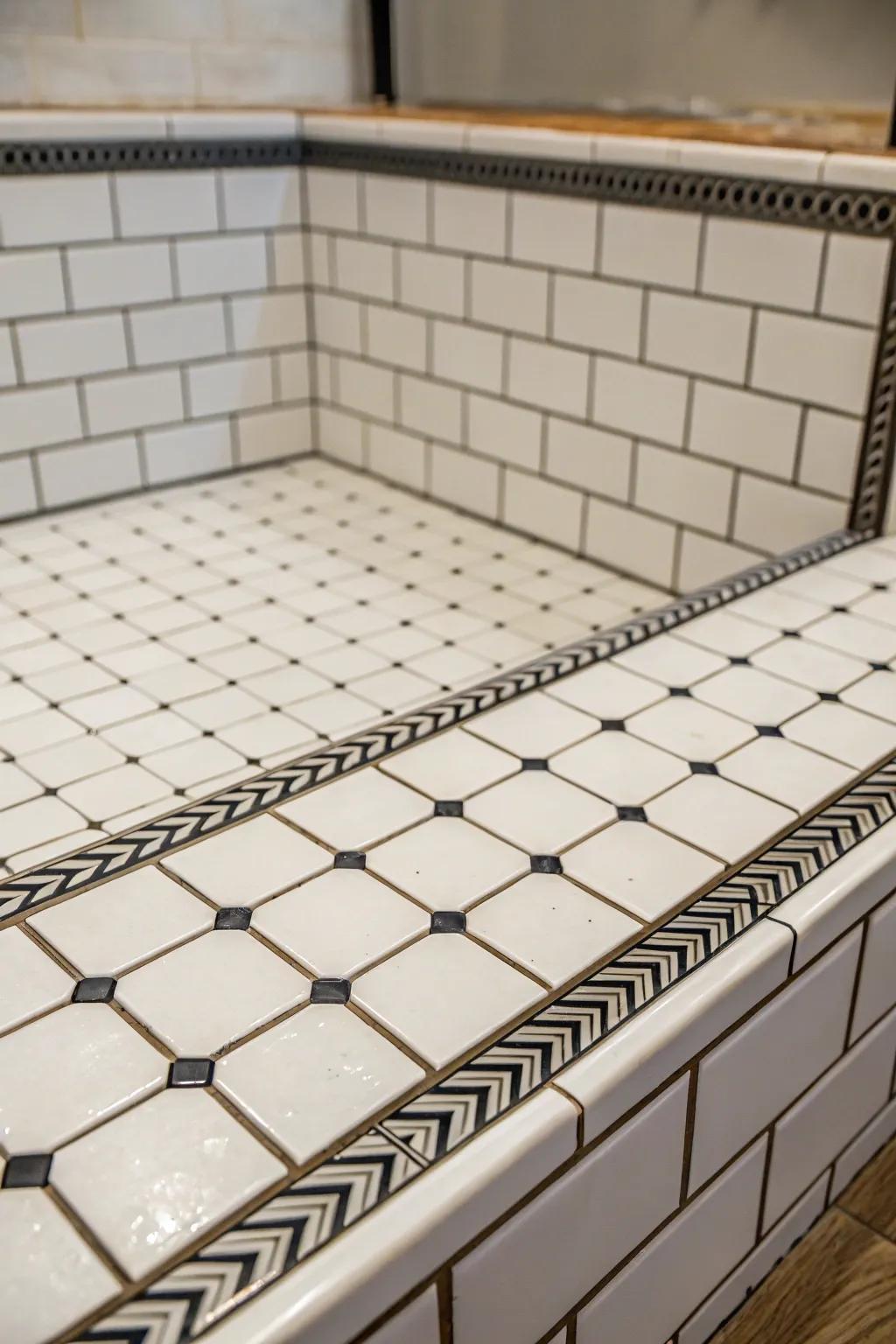 White tiles with opposing deep seam outlines create a stark effect on this shower space.
