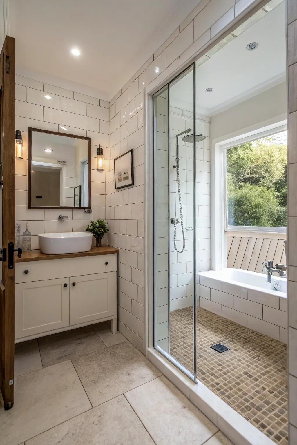 An expansive accessible shower that enhances ease of use and openness.