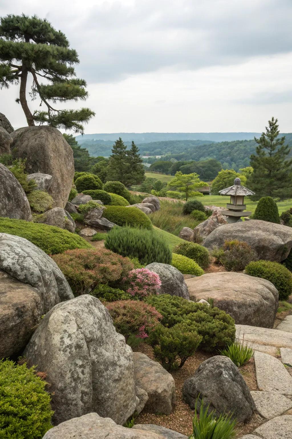 An attuned rock garden showcasing stones and assorted bushes for additional texture.