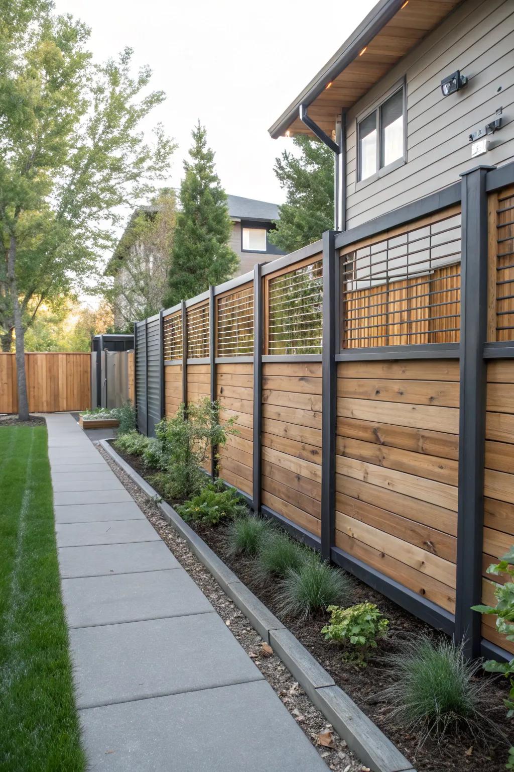 Chic side yard featuring a mixed material fence.