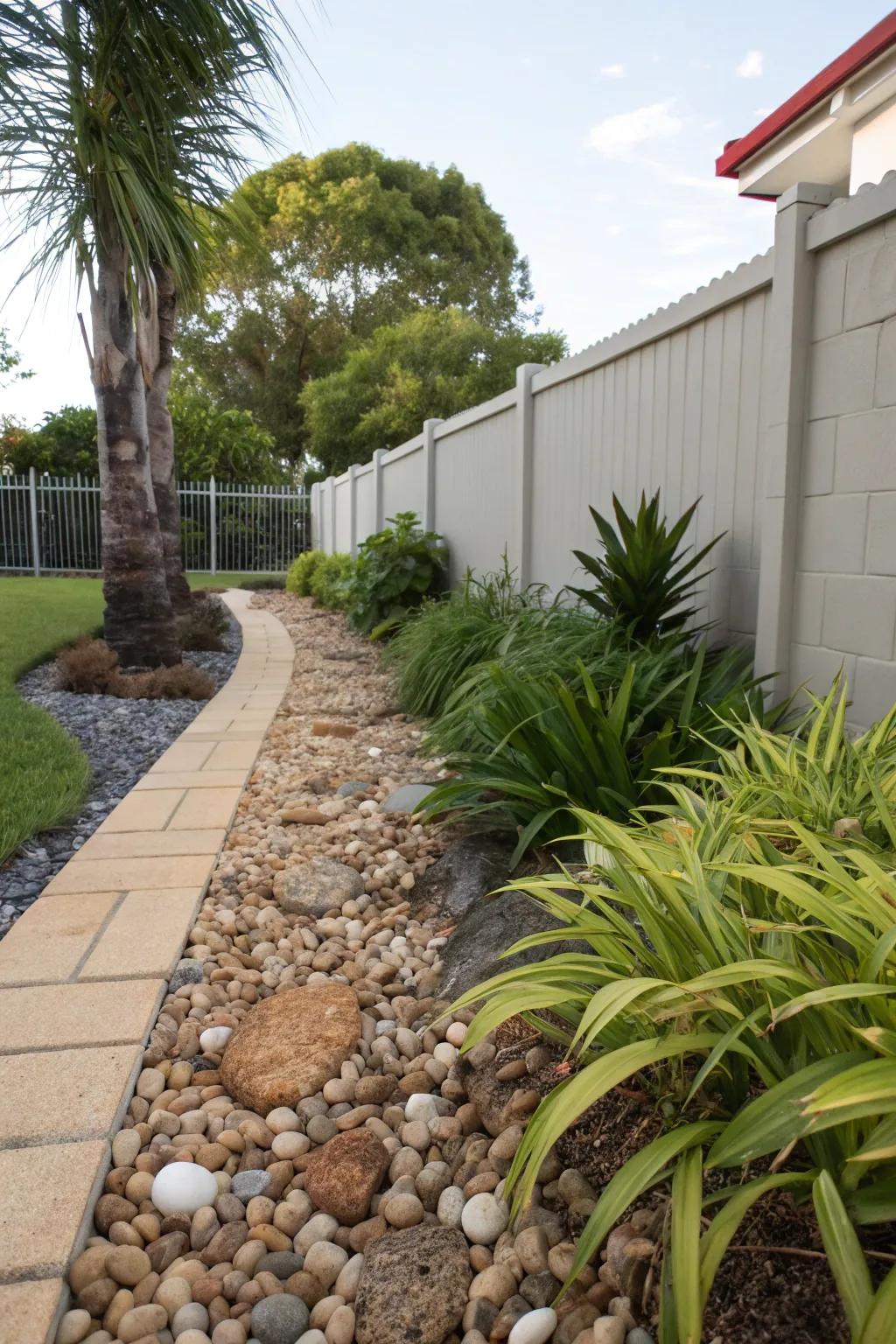 Gravel provides a polished and orderly substitute for grass in your side yard.